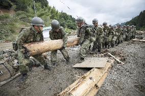 Self-Defense Force personnel remove driftwood in disaster-hit area