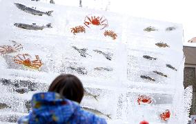 Frozen fish on display at Sapporo Snow Festival