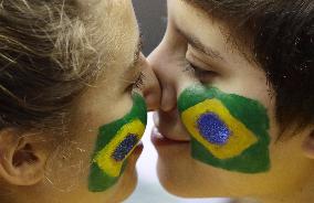 Olympic scenes: Eskimo kiss at swimming venue