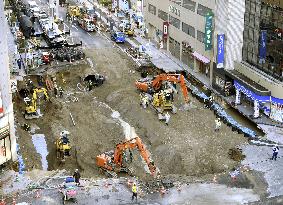 Work continues to fill huge sinkhole in Fukuoka