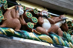 Restored "Three Wise Monkeys" in Nikko unveiled