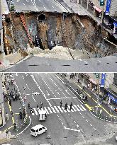 Road reopened after huge sinkhole in Fukuoka is filled with soil