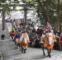 Horse riders ascend steps of Hokkaido shrine
