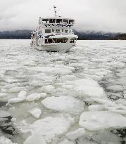 Excursion ship Mashu Maru breaks ice on Lake Akan