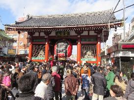 Sensoji's Kaminarimon Gate with crowd of people