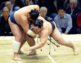 Asashoryu falls to 2nd defeat, tied with Hakuho at spring sumo