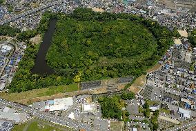 Aerial view of Higashiyama rectangular tomb mound