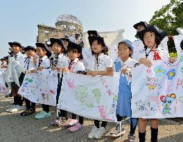 Children wishing for peace outside A-bomb dome in Hiroshima