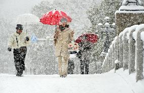 People walk under heavy snowfall in Hiroshima