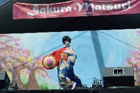 Japanese dancer dances during cherry blossom fest in N.Y.