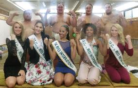 World beauty queens visit sumo stable in Tokyo