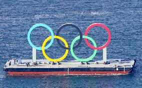 Reinstallation of Olympic rings in Tokyo Bay