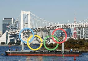 Reinstallation of Olympic rings in Tokyo Bay