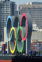 Reinstallation of Olympic rings in Tokyo Bay