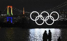 Reinstallation of Olympic rings in Tokyo Bay