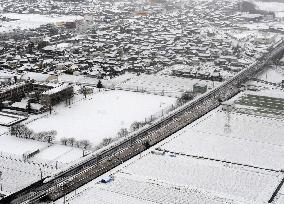 Shinkansen in snow in Japan
