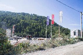 construction site of the Bar-Boljare motorway, Camp Jabuka, highway, landscape, flags