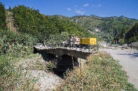 construction site of the Bar-Boljare motorway, highway, landscape, collapsed old bridge still in use