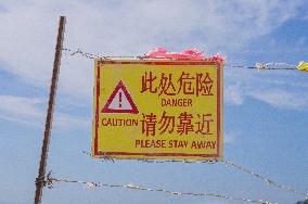 construction site of the Bar-Boljare motorway, highway, landscape, sign, warning CAUTION, DANGER,