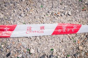 construction site of the Bar-Boljare motorway, highway, landscape, sign, warning CAUTION, SAFE, Chinese characters