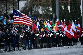 military parade on the occasion of 100th anniversary of Czechoslovakia's establishment, US soldiers, NATO national flags, flag