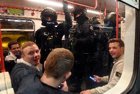 Fans of FC Copenhagen , police, metro station Mustek