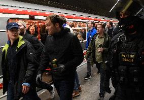 Fans of FC Copenhagen , police, metro station Mustek