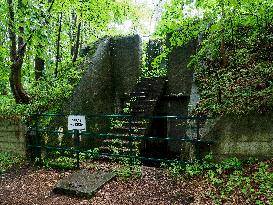 Bunker, stairs, handlebar, sign, forest