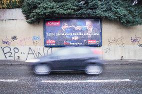 FORUM 24 advert, billboard ad, Andrej Babis, Milos Zeman, writing This country is not Babis`s and Zeman`s!