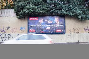 FORUM 24 advert, billboard ad, Andrej Babis, Milos Zeman, writing This country is not Babis`s and Zeman`s!