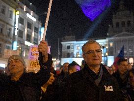 protest against PM Andrej Babis, poster Dita Protopopova