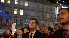 protest against PM Andrej Babis, poster Dita Protopopova