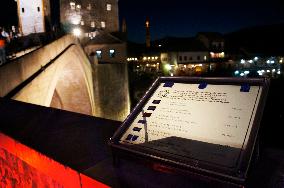 historical Stari Most, an arch Old Bridge, Pilot Cultural Heritage Project Rehabilitation of the Old Bridge in Mostar and rehabilitation of Tara and Halebija towers in Mostar, info plaque