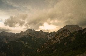 Thethi National Park, Prokletije Mountains, Red sky at morning, clouds, sky prior to thunderstorm