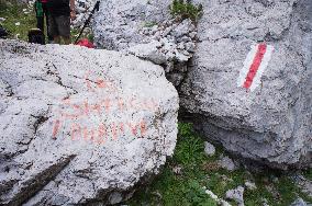 Thethi National Park, Prokletije Mountains, red touristic sign, mark