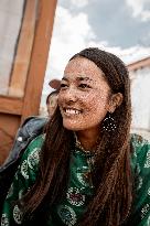 Ladakhi young woman, traditional dress, Ladakh, Kashmir, India