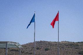 Hani i Hotit, Kastrat/Bozaj border crossing, Montenegro - Albania, MNE-ALB, EU, European and Albanian flag