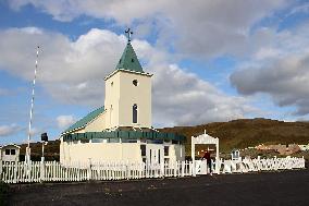 Iceland landscape, Reykjahlidarkirkja church and cemetery