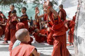 Debating young buddhist monks, monastery, Himalayas, Ladakh, Kashmir, India