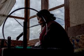 Ladakhi woman, pashmina workshop, Leh, Himalayas, Ladakh, Kashmir, India