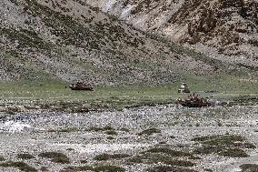 Tanks, military, stupa, mountains, Himalayas, Ladakh, Kashmir, India