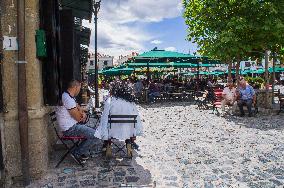 Korce (Korca) town center, restaurant, tourists