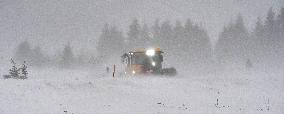 Ore Mountains, white darkness, snow, wind, closed road, snowplow