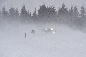 Ore Mountains, white darkness, snow, wind, closed road, snowplow