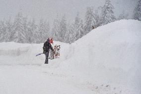 Road leading up to the Bozi Dar, snowfall, wind, snow