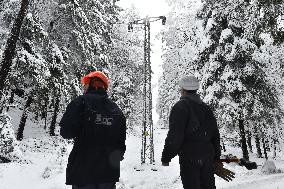 Road leading up to the Jetrichovice, snowfall, wind, snow, falling trees, workers