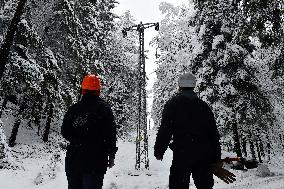 Road leading up to the Jetrichovice, snowfall, wind, snow, falling trees, workers