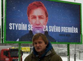 billboard of the campaign I Am Ashamed of My Prime Minister, featuring singer Krystof Michal