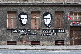 Jan Palach and Josef Toufar victims of communism in Czechoslovakia. Street art