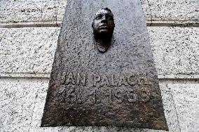 Memorial plague with Jan Palach's death mask by sculptor Olbram Zoubek